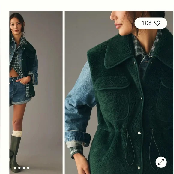 Anthropologie Dark Green shearling Sherpa Vest - Picture 2 of 5